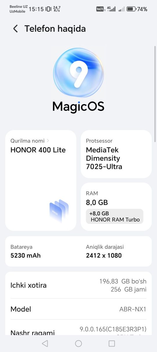 Honor 400 lite 8/256 yangi