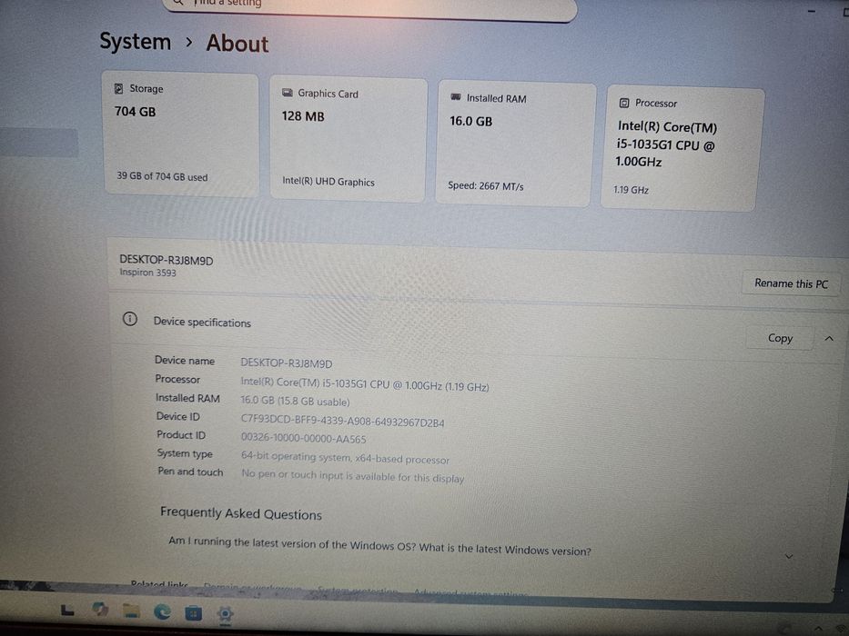 Laptop Dell (i5 1035g1, 16gb ram, 256gb ssd, 500gb Hdd)