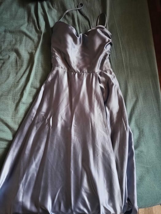 Официална дълга синя рокля, гол гръб