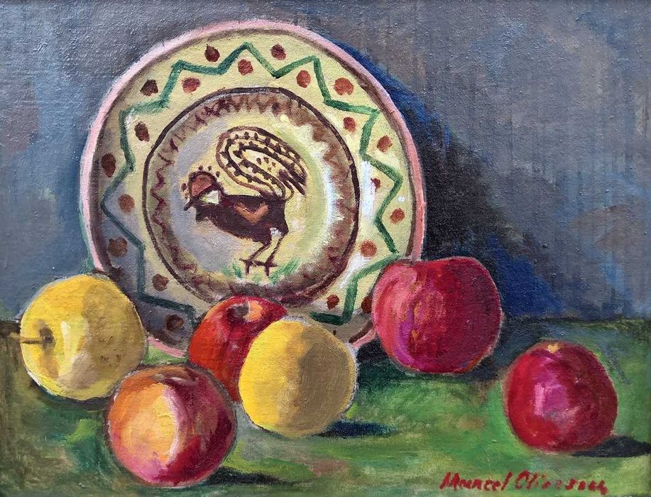 Tablou vechi - natura statica cu mere - semnat Marcel Olinescu