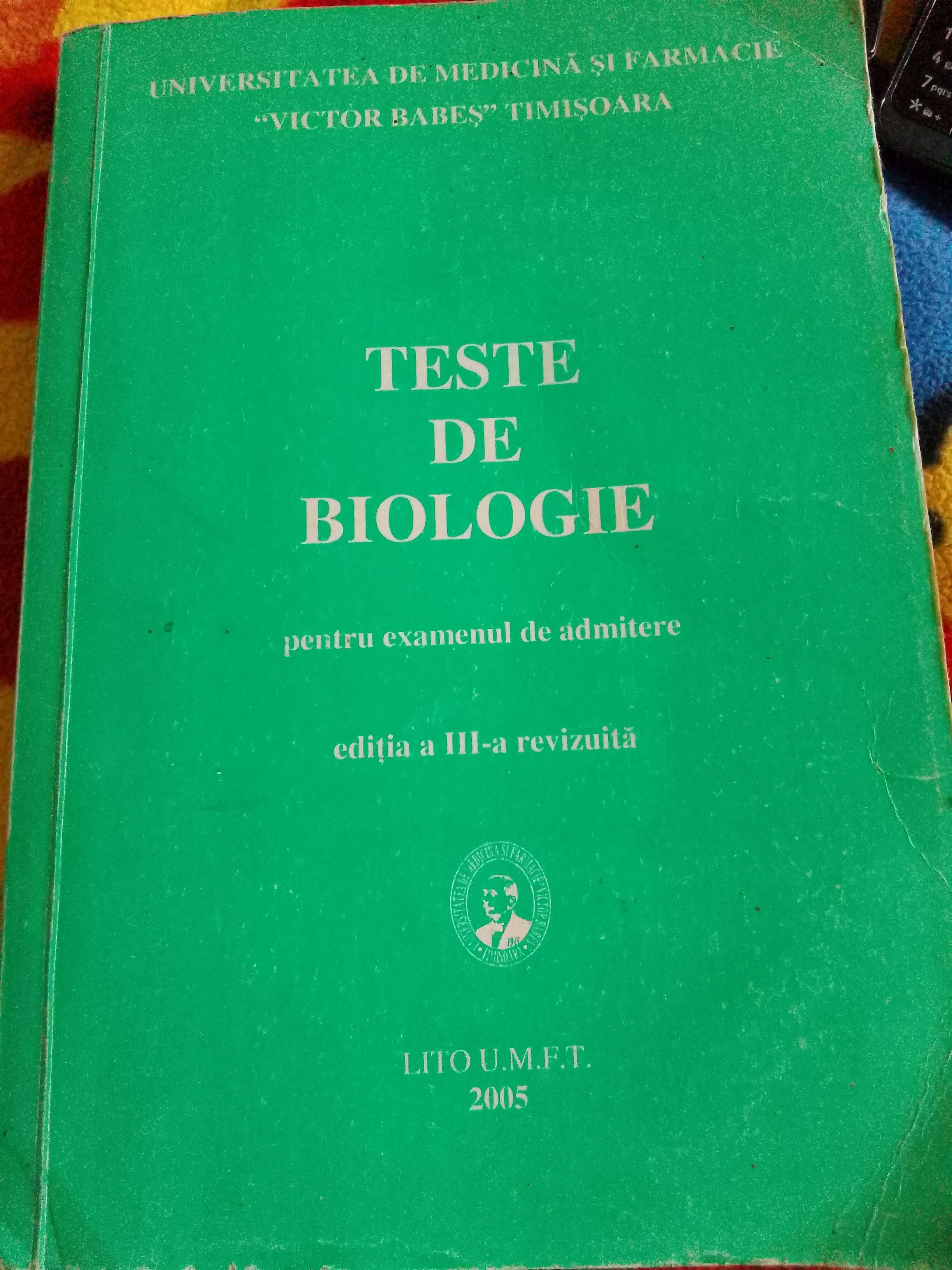 Vând carte Teste de biologie pt admitere medicina