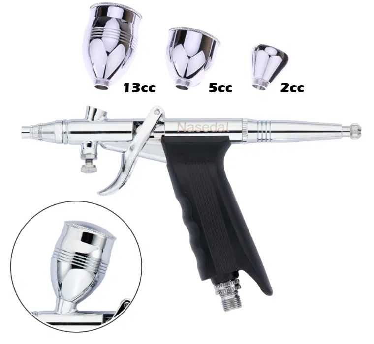 Set aerograf hobby, profi, cu suport palmar, 3 cupe pentru uz
