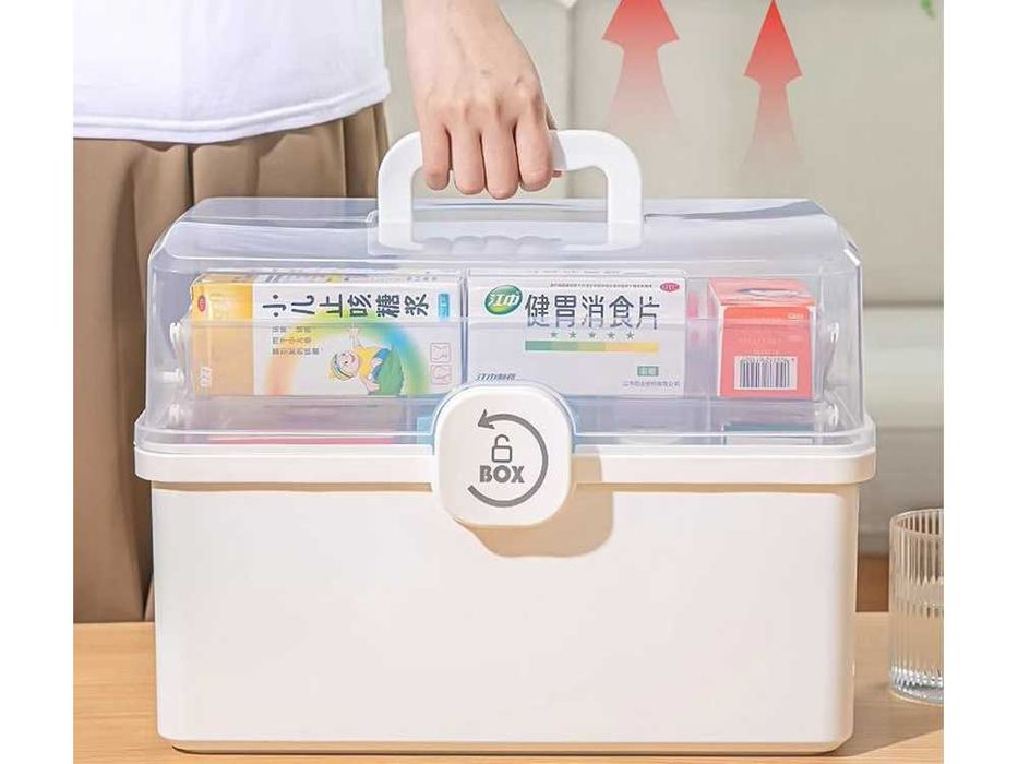 Organizator medicamente cu maner si inchidere sigura alb 34x22.5x22 cm