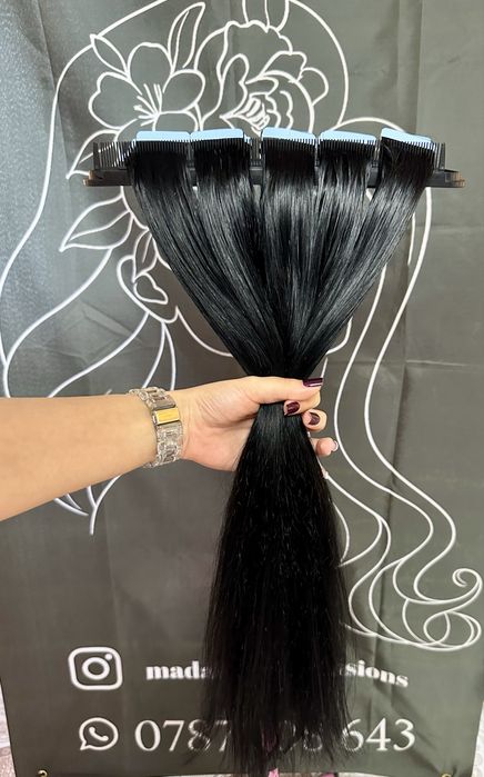 Extensii tape on, par 100% natural, negru intens, 60 cm
