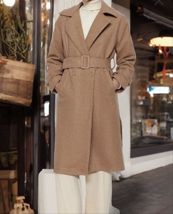 Дълго вълнено палто с щампи от норка с широка кройка и колан Trendyol