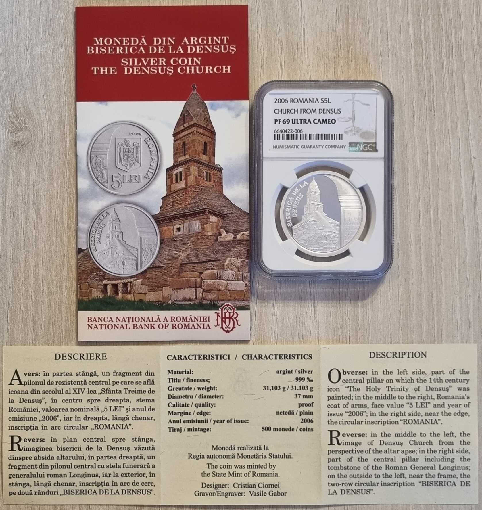 Moneda BNR 5 lei argint biserica de la Densus gradata NGC PF 69 UC