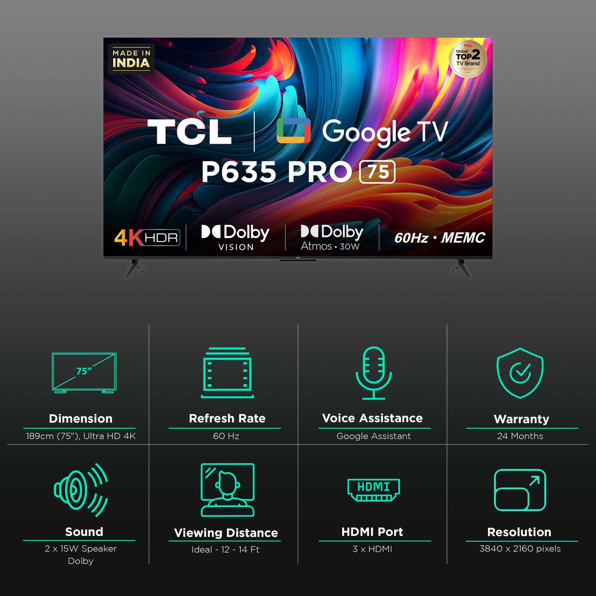Телевизор TCL 75* P635 4K UHD Led HDR10+ SMART + 2500 канал + доставка