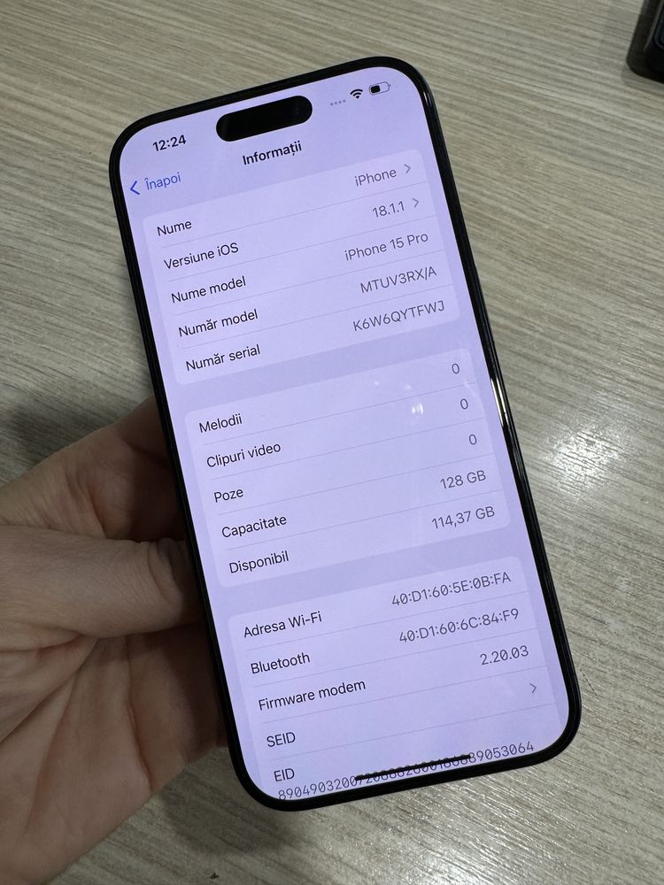 iPhone 15 Pro, 128GB, 5G, Black, Impecabil/CA NOU, Bateria 100%!