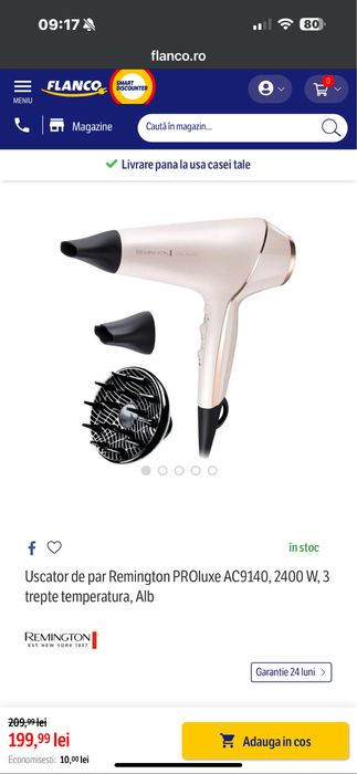 Uscator Remington PROluxe AC9140, 2400 W, 3 trepte temperatura, Alb