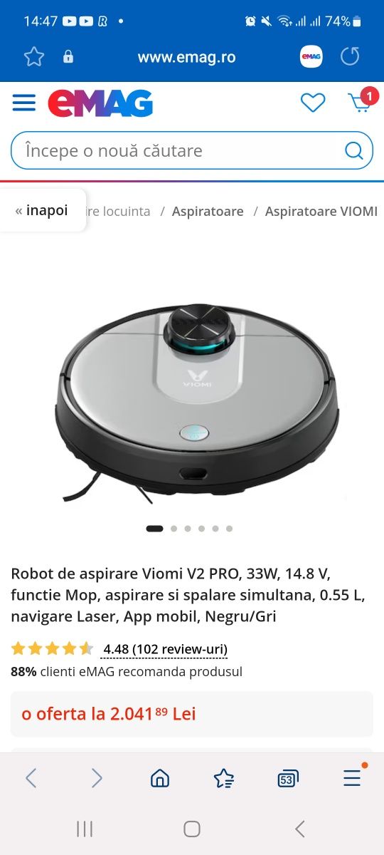 Robot de aspirare Viomi V2 PRO, 33W, 14.8 V, functie Mop, aspirare si