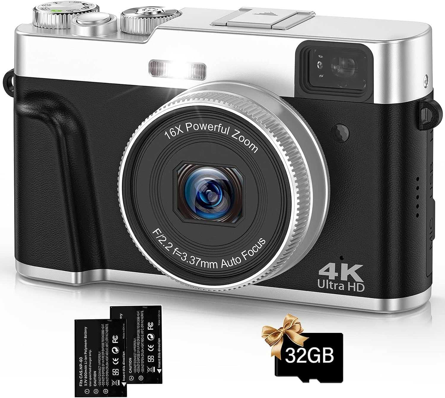 Aparat foto digital, stil retro, camera foto 4K 48MP + micro sd 32GB