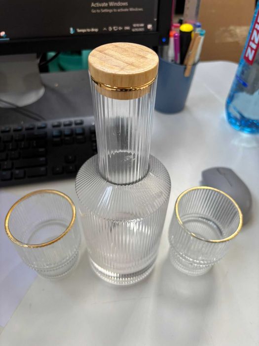 Set carafă cu 2 pahare, sticlă transparentă, elegant