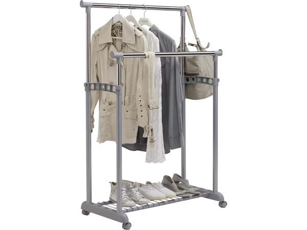 Двоен щендер за дрехи с рафт и регулируема височина