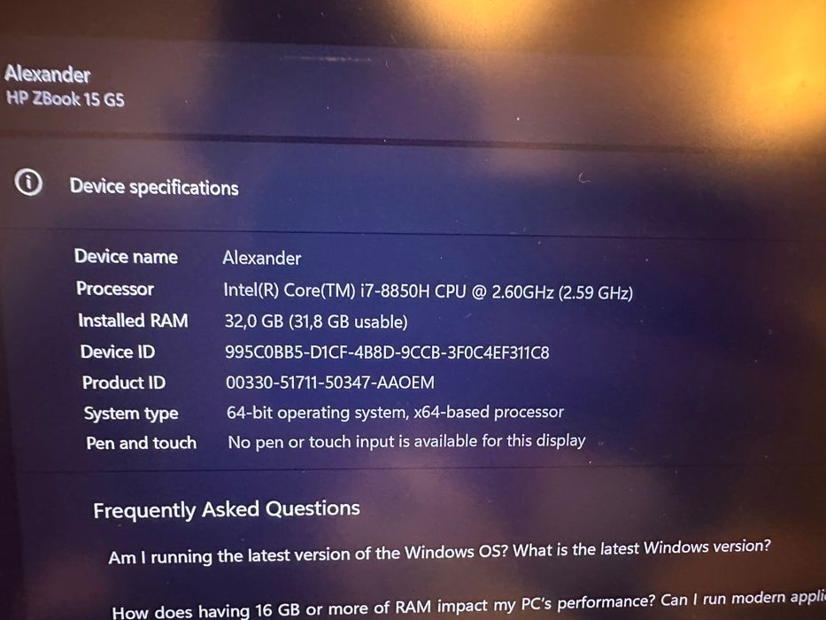 Лаптоп HP Zbook 15 G5, 1TB SSD, 4GB Nvidia, 32GB Ram, Intel code i7 8s