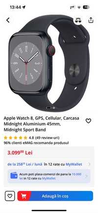 Apple Watch 8 Cellular 45mm Midnight - cutie sigilată