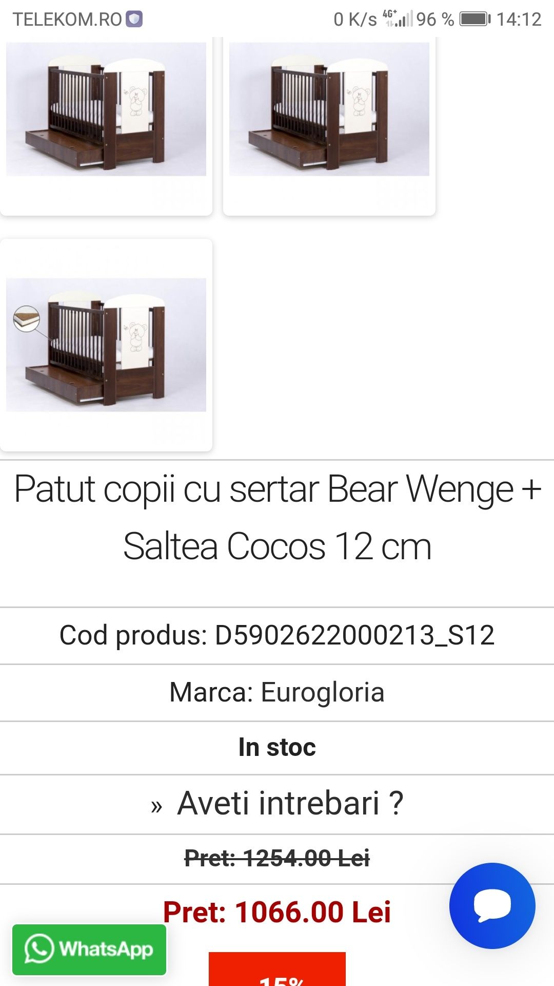 Patut copii cu sertar Bear Wenge + Saltea Cocos 12 cm