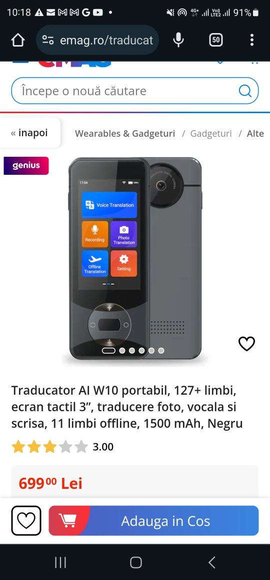 Traducator AI W10 portabil, 127+ limbi, ecran tactil 3’’, traducere fo