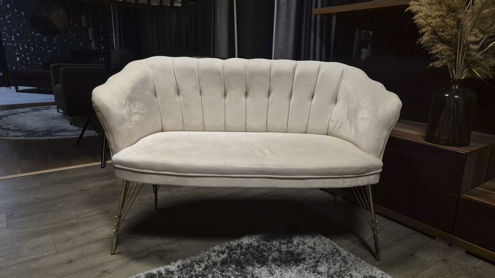 Canapea/bancheta 2 persoane crem eleganta cu picioare metalice aurii