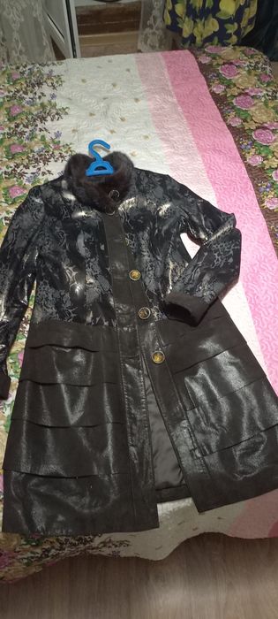 Пальто кожа-замша с норковым воротником