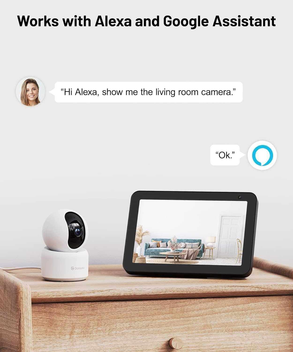 НОВA! Вътрешна камера за видеонаблюдение, 3K (5MP) WiFi, Alexa
