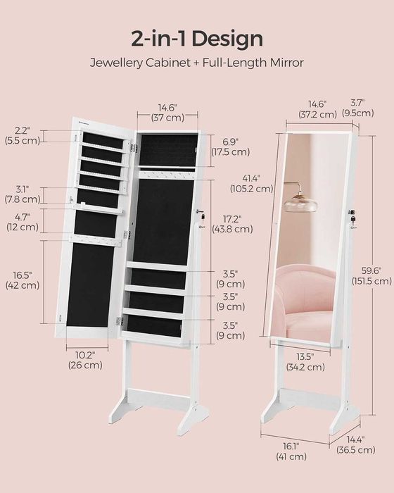 Oglinda integrala cu organizator bijuterii, Songmics, 151 cm, alb
