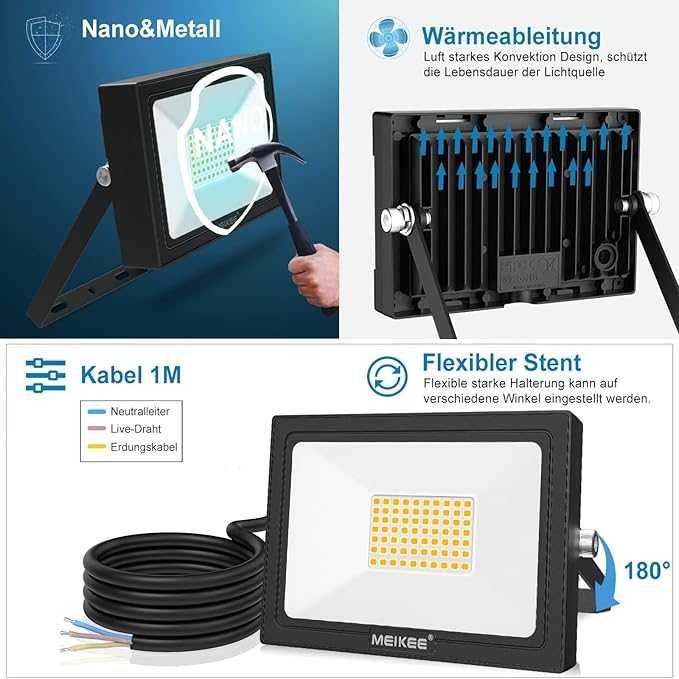 Set 2 reflectoare 60W LED, 5200LM LED, 2700K alb cald cu IP66