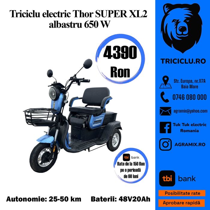 Triciclu electric THOR SUPER XL2 650W 48V20Ah FARA PERMIS