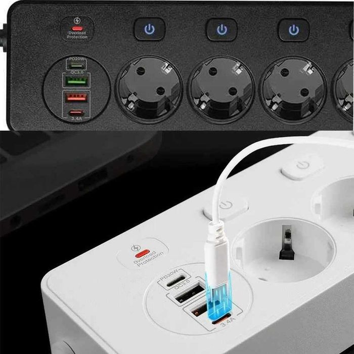 Разклониотел със защита 4 гнезда 2 USB 2 Type C fast charge 3250вата