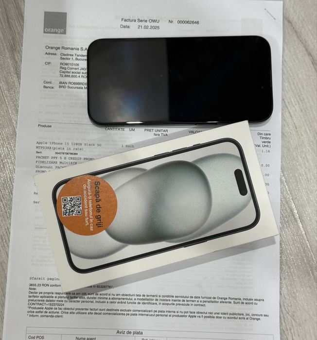 Iphone 15 Black 128 GB, in garantie, baterie 89%