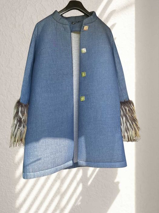 Pardesiu dama chic, albastru, model deosebit, M, nou