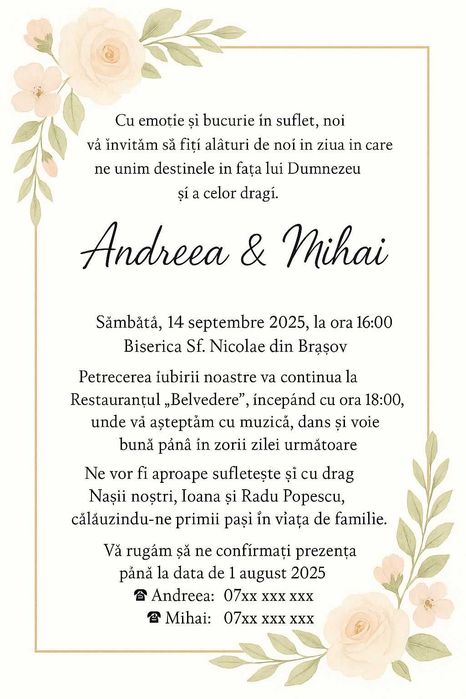 Invitatii nunta/botez/cununie civila/zile de nastere