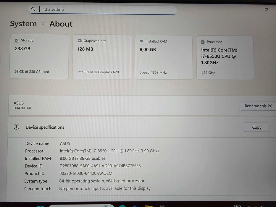 Laptop Asus UX430U, Intel i7-8550, 8Gb RAM, 238 GB, Windows 11instalat