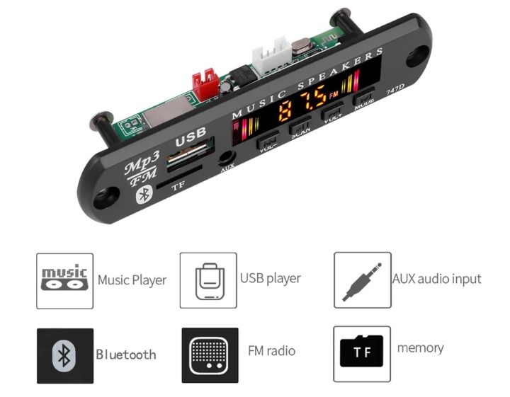 Modul / Kit mp3 player -  Bluetooth, Vumetru, Aux, Radio, USB - la 12V
