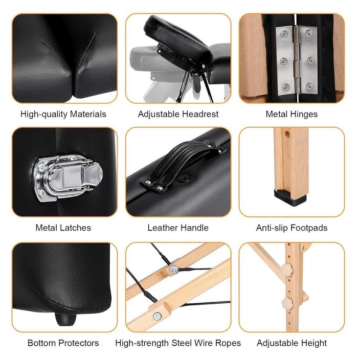 Masă de masaj pliabilă, reglabilă, confort profesional |R 610888 Black