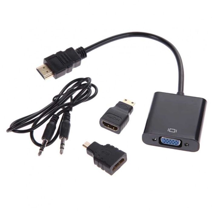 Convertor HDMI la VGA + cablu audio + adaptor micro HDMI si mini HDMI