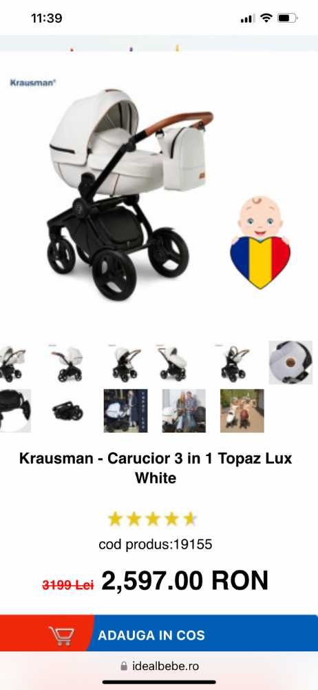 Vând carucior KRAUSMAN 3 in 1 Topaz Lux White