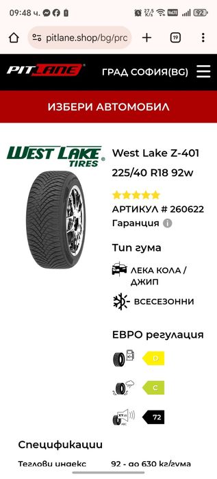 Всесезонни гуми 225/40R18 West Lake Z-401
225/40 R18 92w
225/40 R18 92