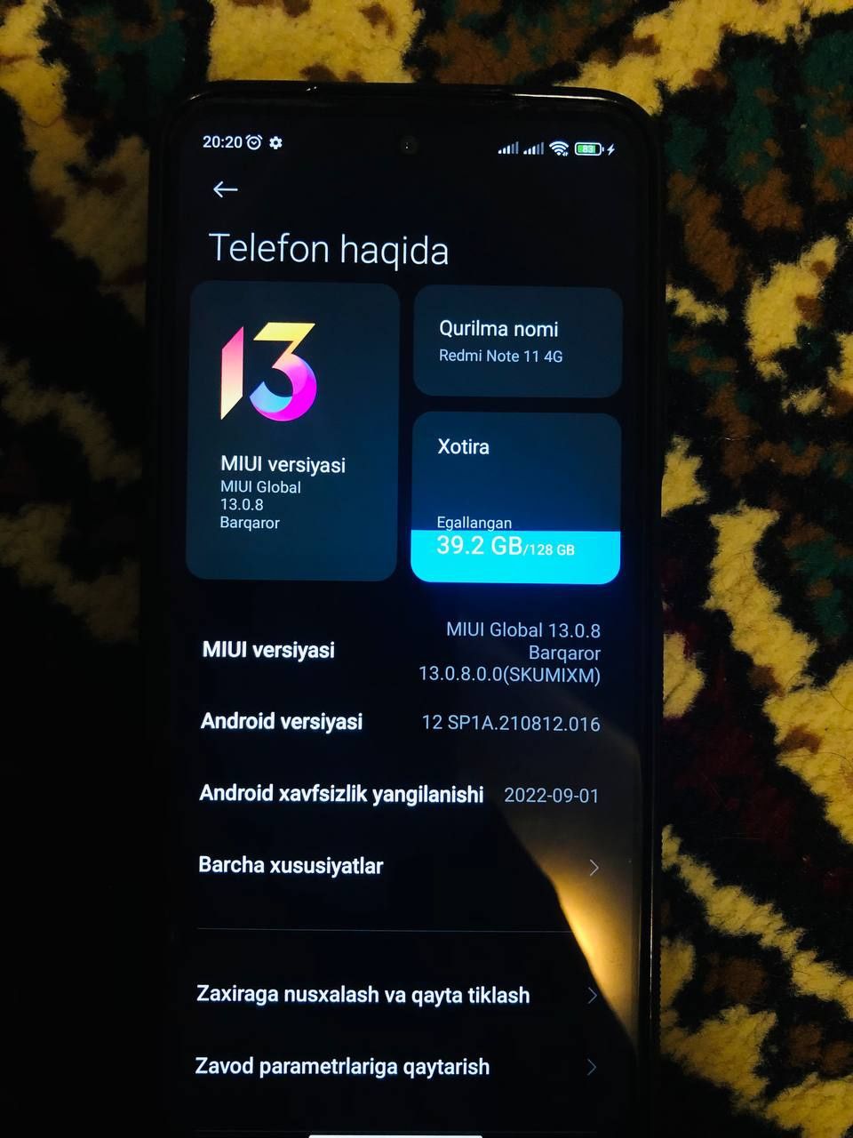 Redmi not 11 4g xotira 128 xolati yaxshi naxtga 850