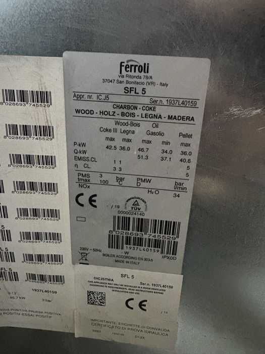 Ferroli котел на дърва и въглища 36kw