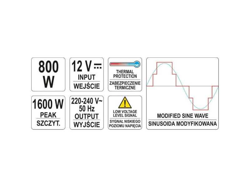 Инвертор на напрежение YATO, 12V - 230 V, 800 W