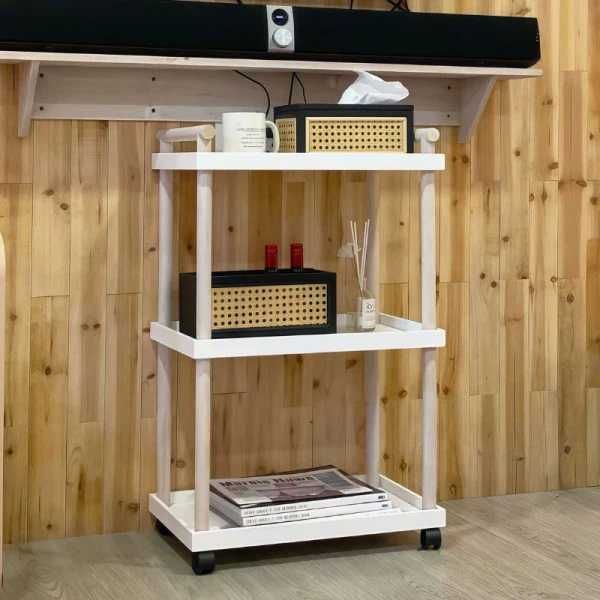 Raft mobil cu 3 polite si 4 roti rotative, suporturi din lemn natural