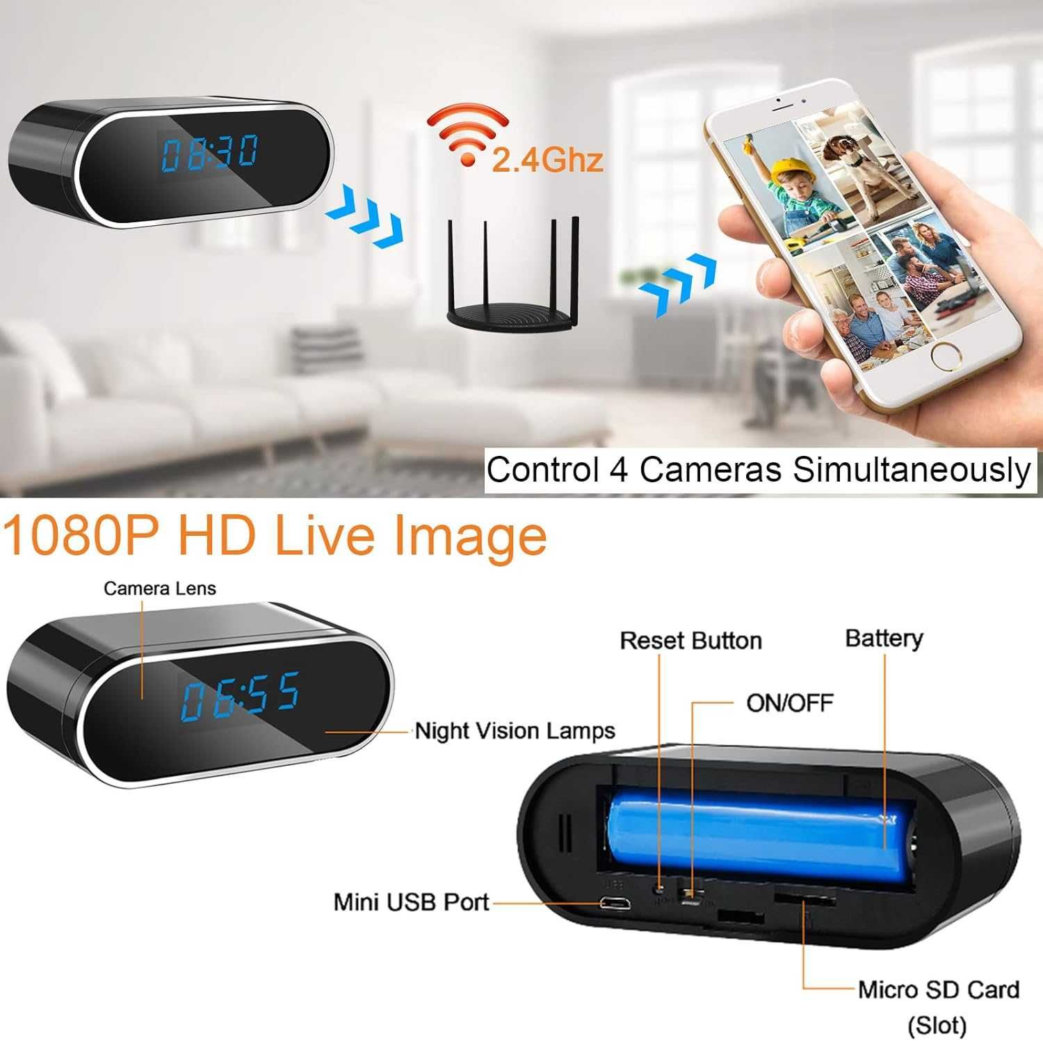 WiFi камера в часовник, 1080P нощно виждане и детекция на движение...