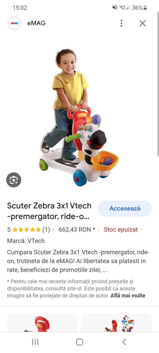 Zebra vtech 3 în 1 Masinuta,trotineta si antepremergator