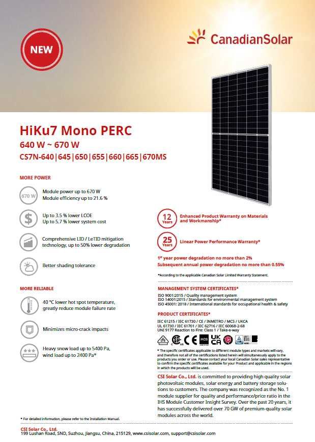 Panou fotovoltaic 660W Canadian Solar CS7N-660MS HiKu7, monocristalin