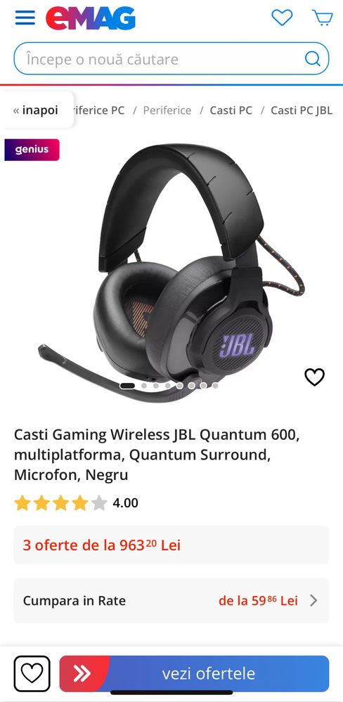 Casti Gaming JBL Quantum 600 cu microfon. Merge si cu consola si PC