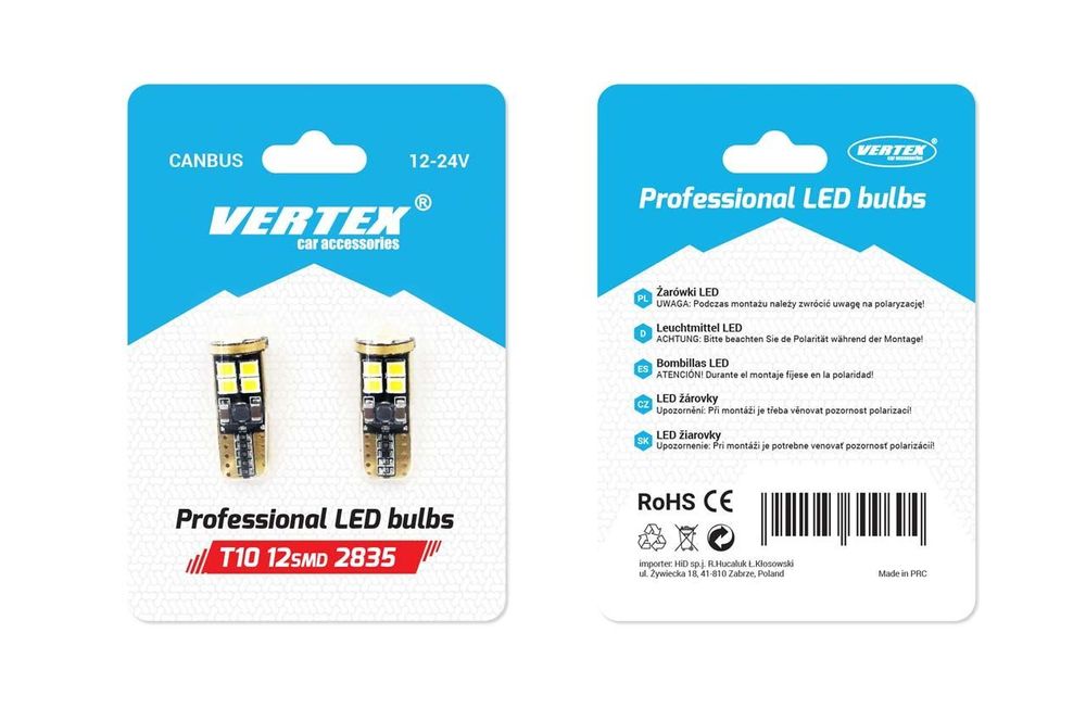Bec de pozitie tip LED Canbus T10 W2.1x9.5, 12-24V 2.3W, 12SMD, culoare alb, Vertex, set 2 buc