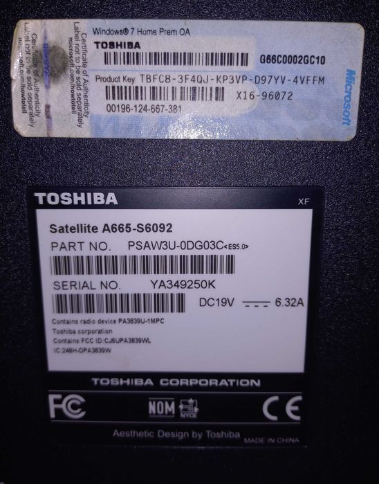 Laptop Toshiba Satelite A665, i7 Q740, 6 Gb RAM, HDD 700 Mb, Win10 Pro