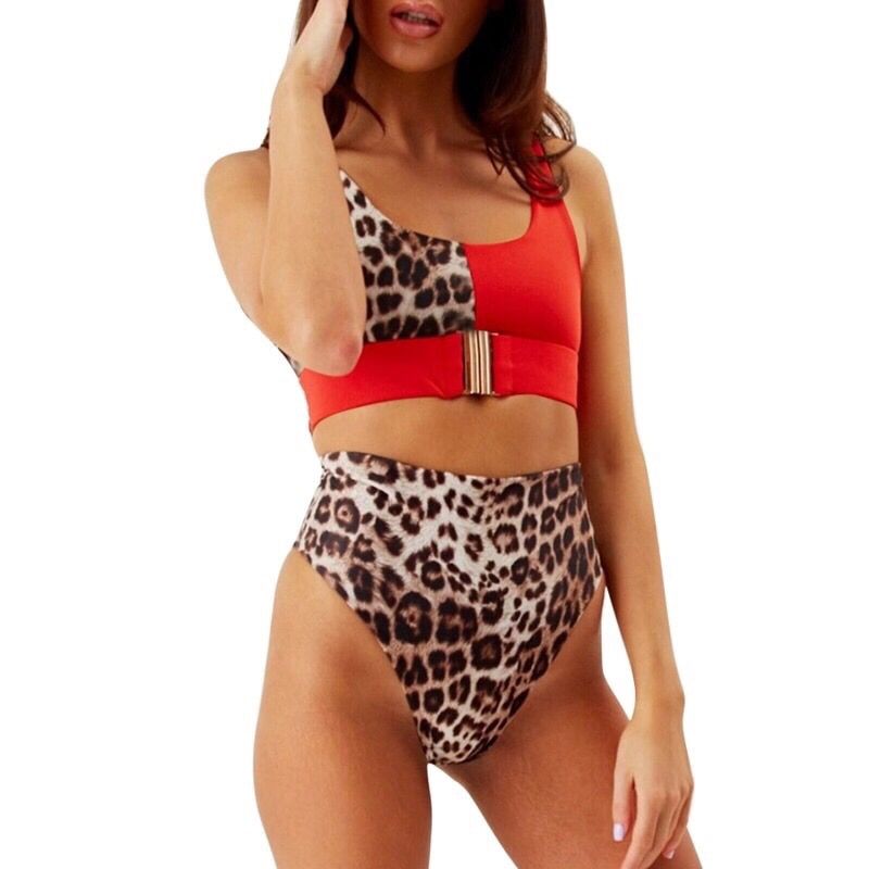 Costum baie C14 Animal Print rosu Talie Inalta High Waist Push Up