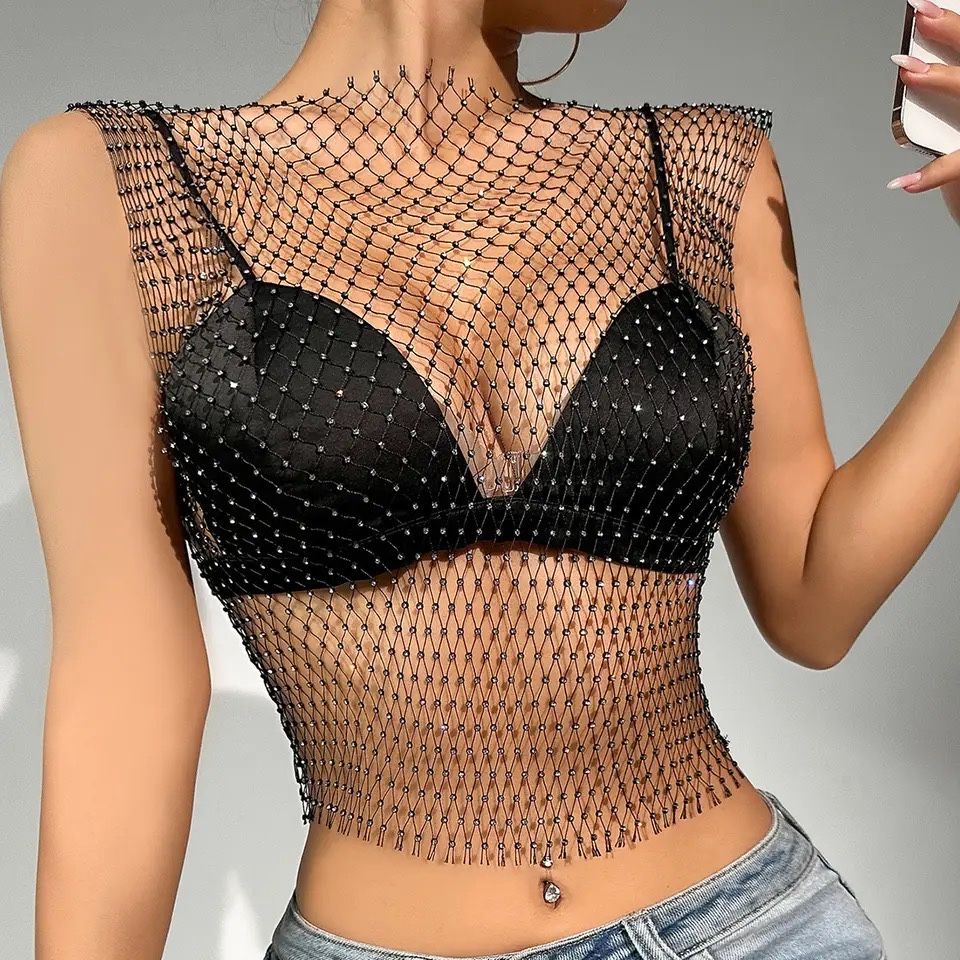 Top Bluza Plasa V6 Cristale Diamante Sclipici Alb Negru