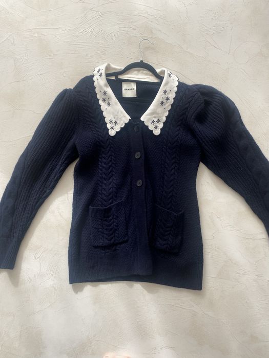 Тъмносин вълнен кардиган Sandro с бродирана яка размер L